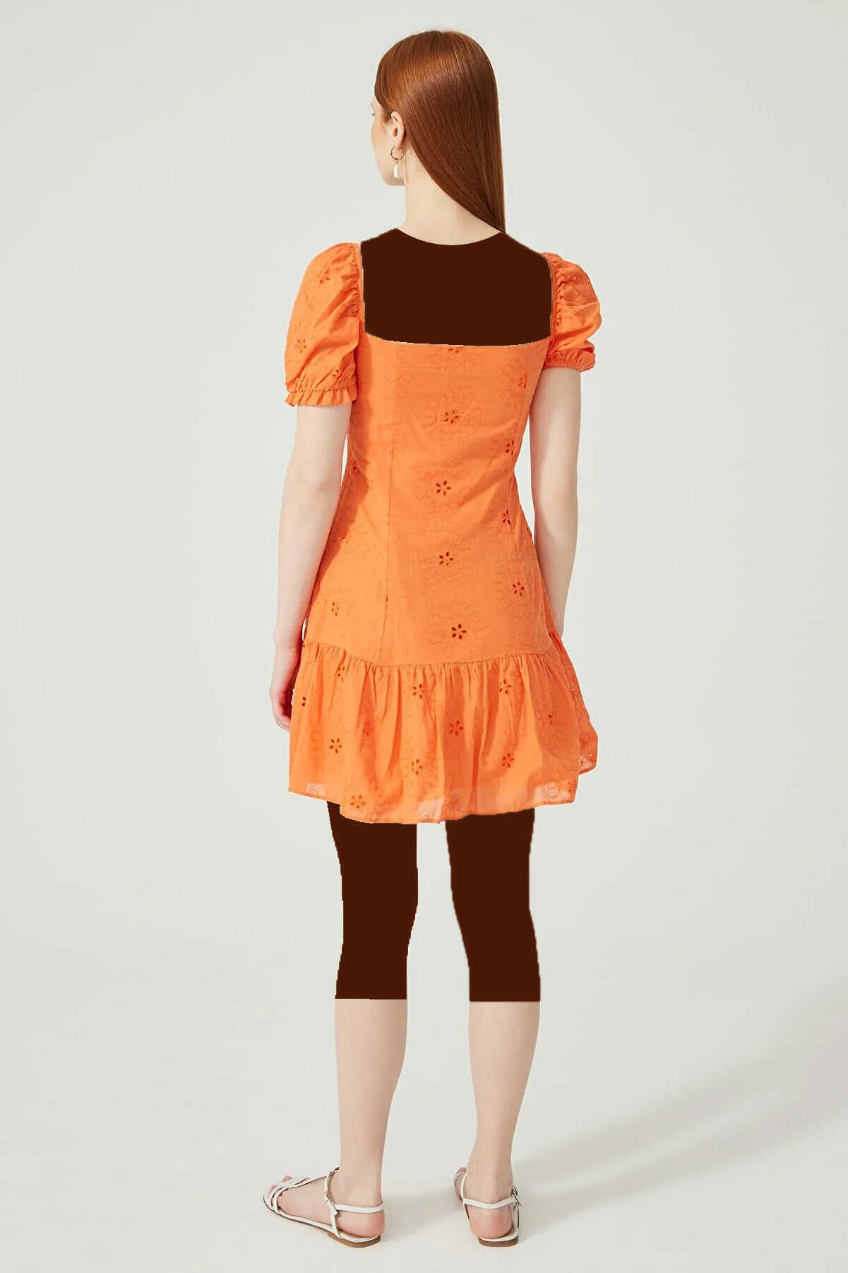 پیراهن کوتاه یقه دلبری چین دار طرح دار زنانه نارنجی برند adL