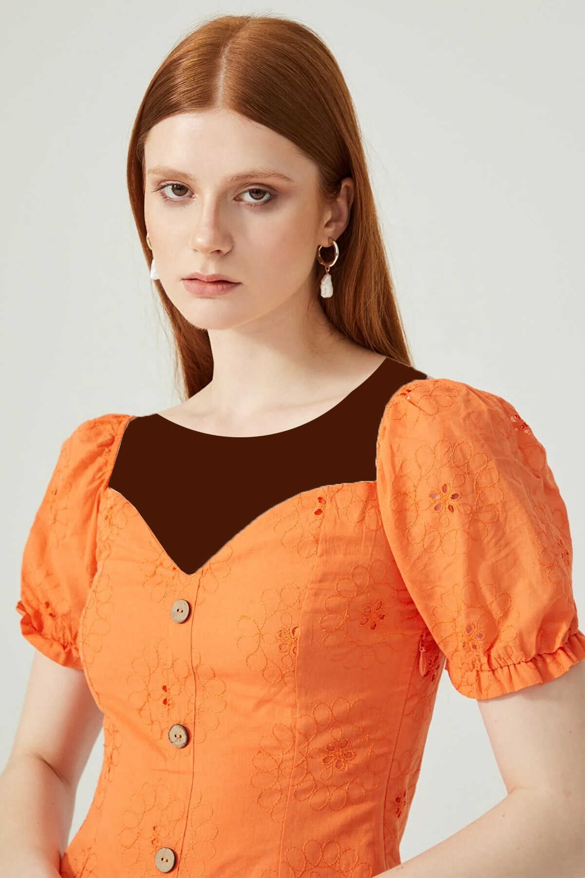 پیراهن کوتاه یقه دلبری چین دار طرح دار زنانه نارنجی برند adL