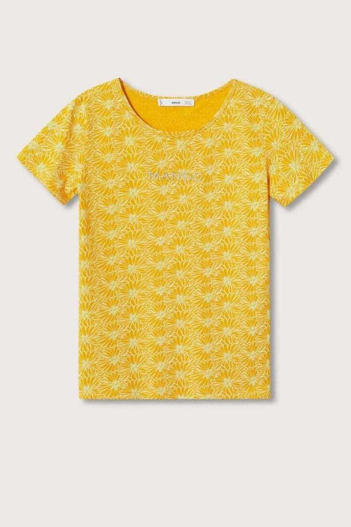 تیشرت یقه گرد طرح دار زنانه زرد برند MANGO 