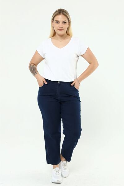شلوار زنانه سایز بزرگ جین مروارید دار نیلی  برند EYLÜL BUTİK