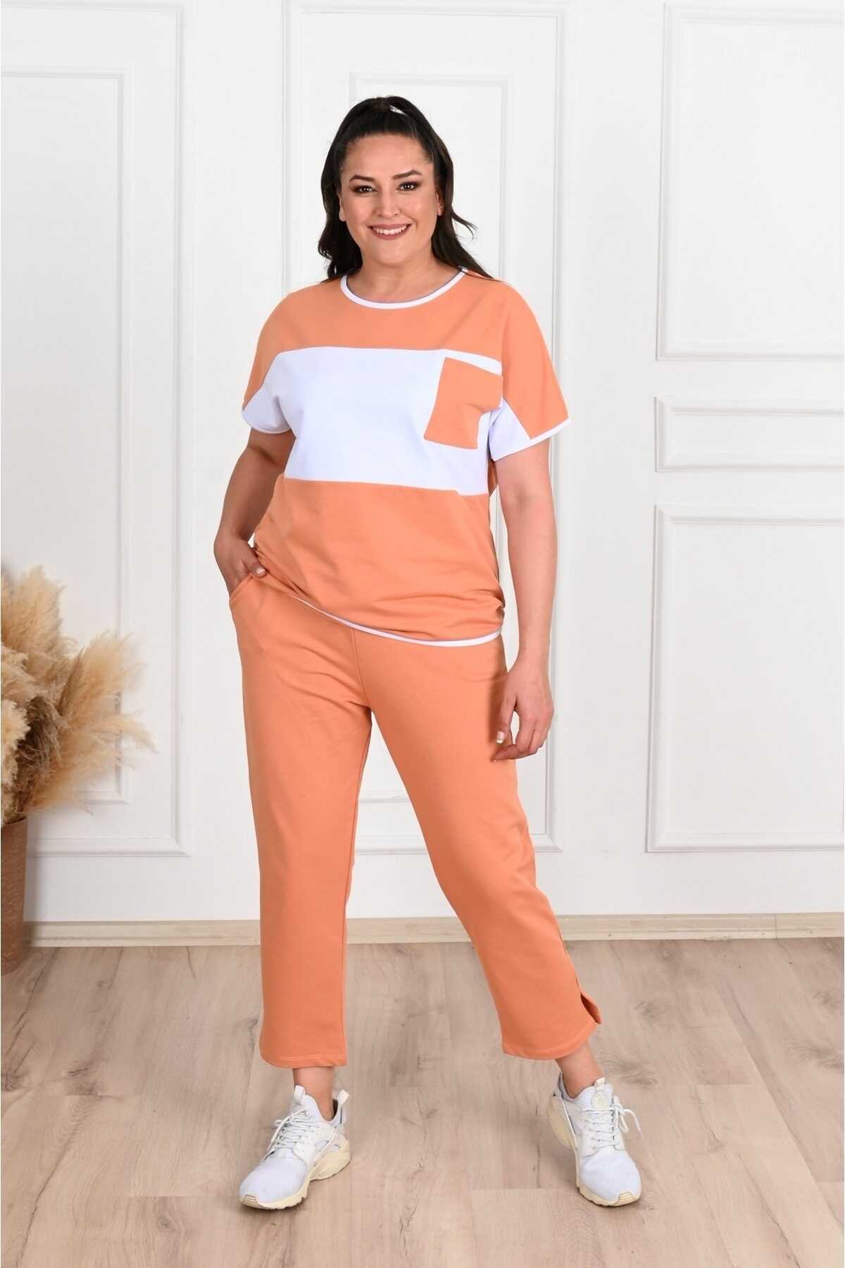 ست لباس ورزشی زنانه سایز بزرگ طرح دار نارنجی برند Koza 