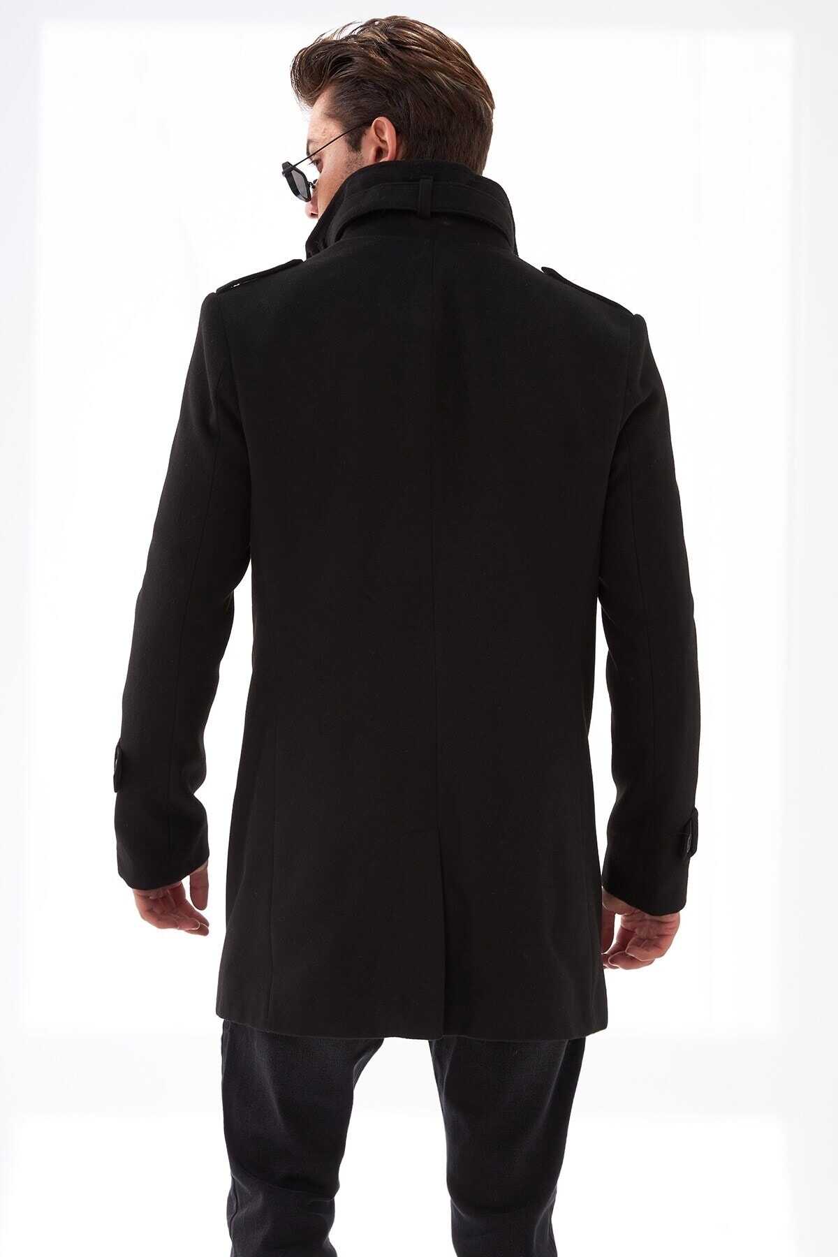 کت بلند یقه کمر بند دار جیب دار مردانه مشکی برند Delpino