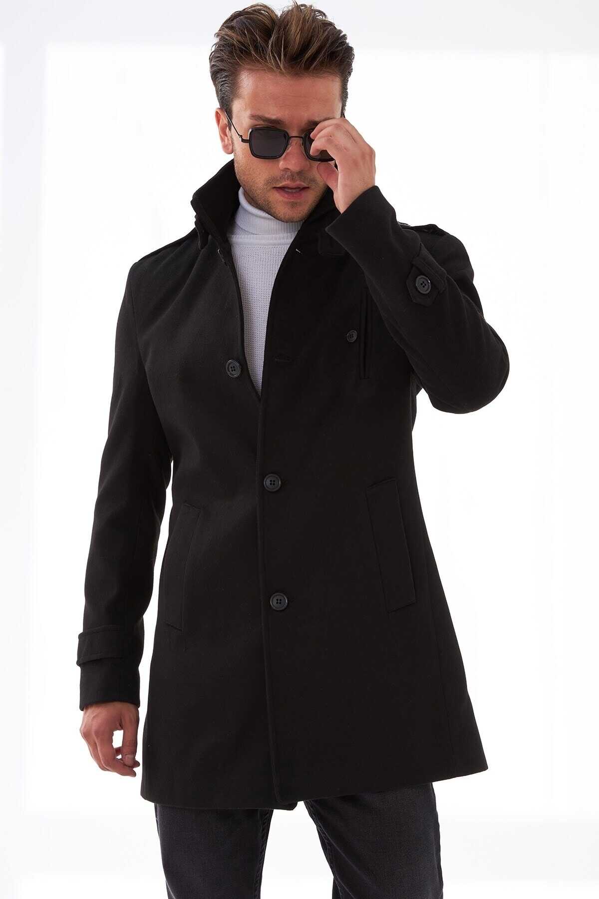 کت بلند یقه کمر بند دار جیب دار مردانه مشکی برند Delpino