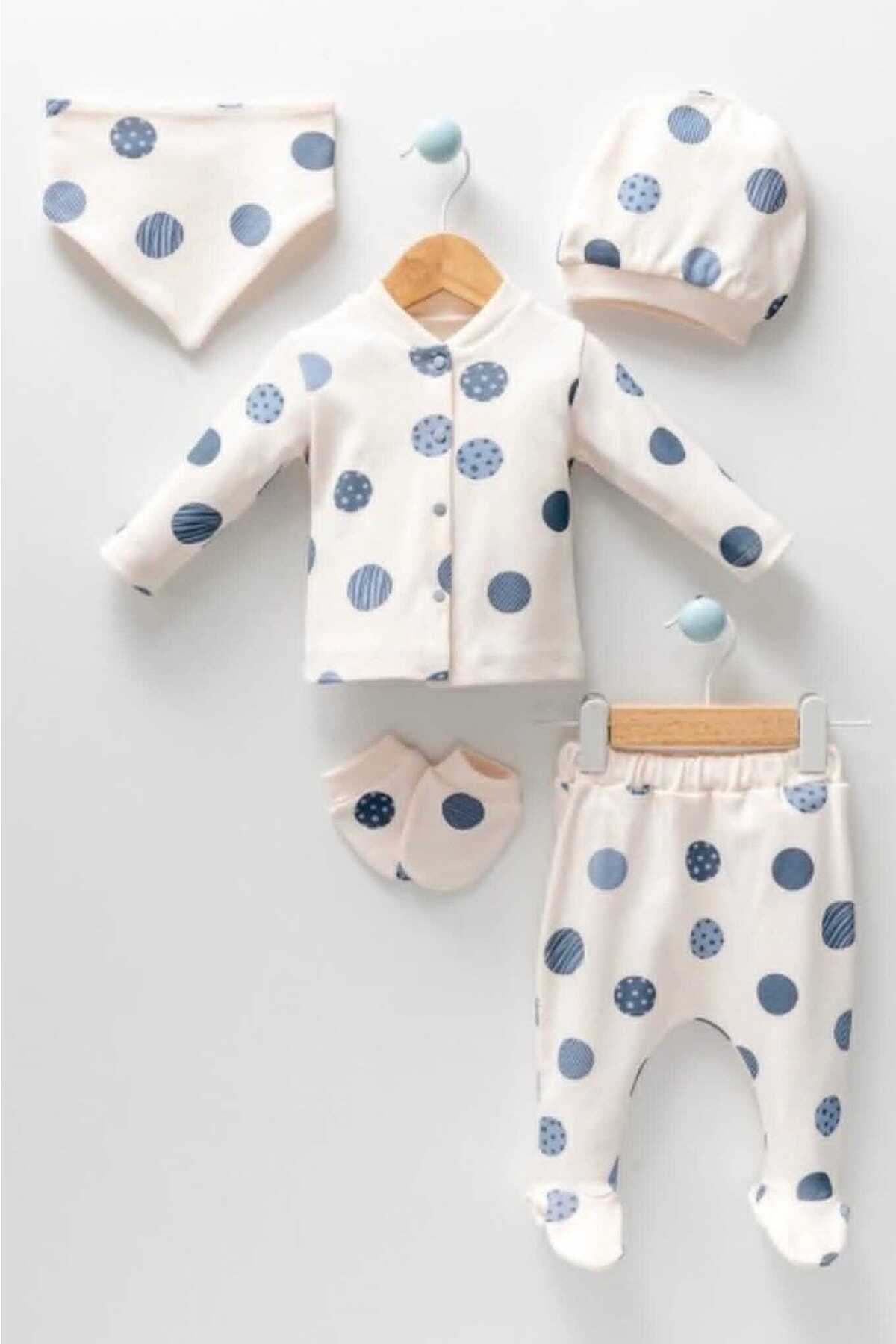 ست 5 تکه لباس طرح دار نوزاد یونیسکس شیری برند bofibo