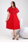 لباس مجلسی سایز بزرگ یقه گرد گیپور دار استین چین دار زنانه قرمز