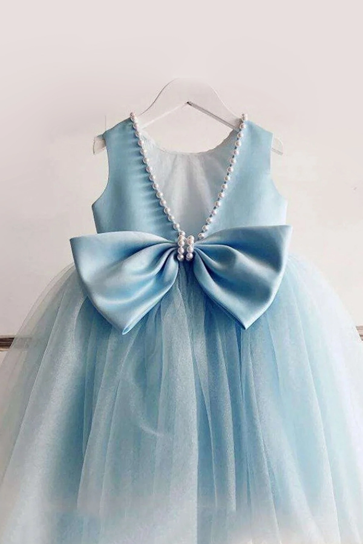 لباس مجلسی پرنسسی یقه مروارید دار دخترانه آبی روشن