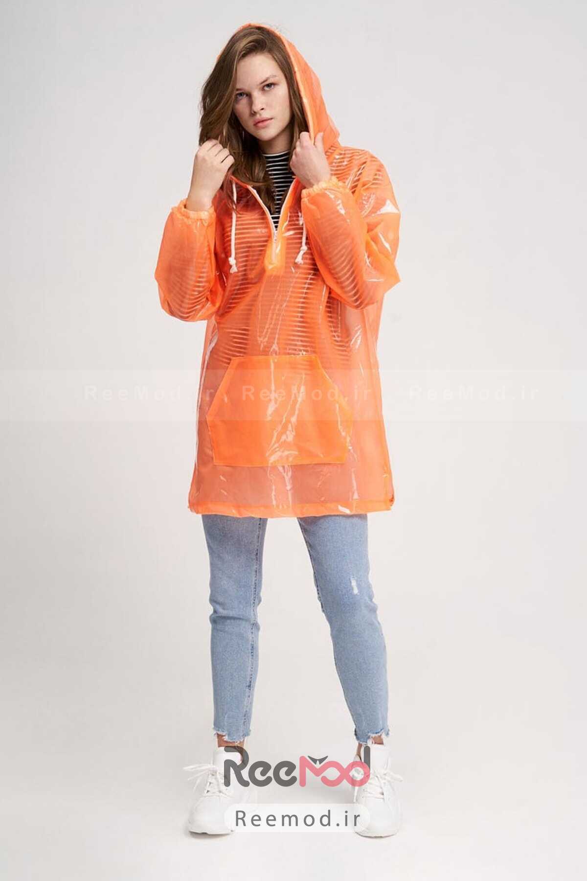 کت بارانی زنانه کلاه دار نارنجی شفاف برند Mizalle 