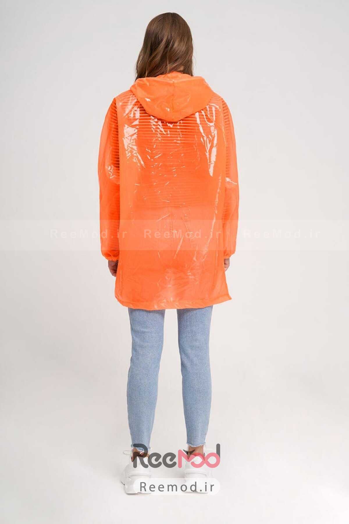 کت بارانی زنانه کلاه دار نارنجی شفاف برند Mizalle 