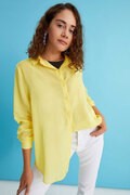 پیراهن نازک یقه کلاسیک دکمه دار سایز بزرگ زنانه زرد برند Curly 