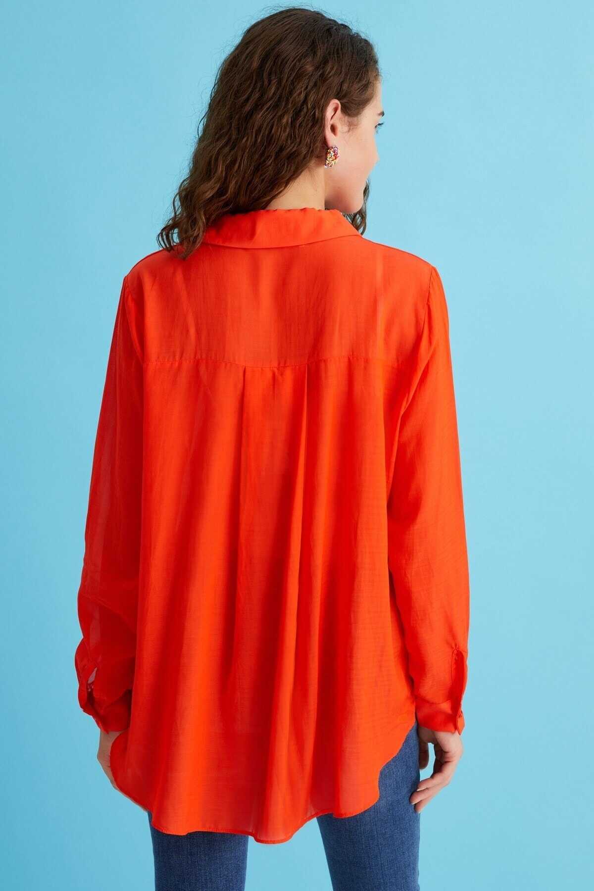 پیراهن نازک یقه کلاسیک دکمه دار سایز بزرگ زنانه نارنجی برند Curly 
