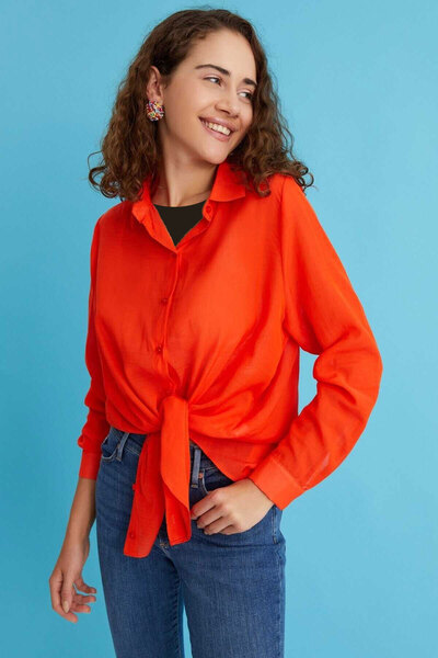 پیراهن نازک یقه کلاسیک دکمه دار سایز بزرگ زنانه نارنجی برند Curly 
