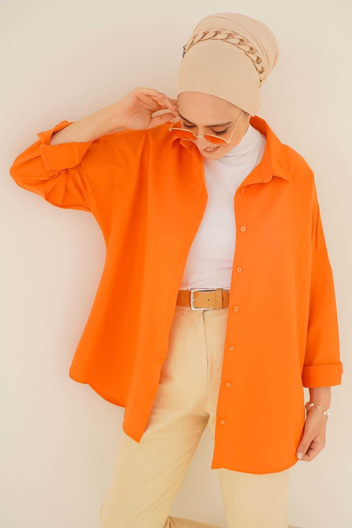 پیراهن دکمه دار یقه کلاسیک زنانه نارنجی برند asilmoda 