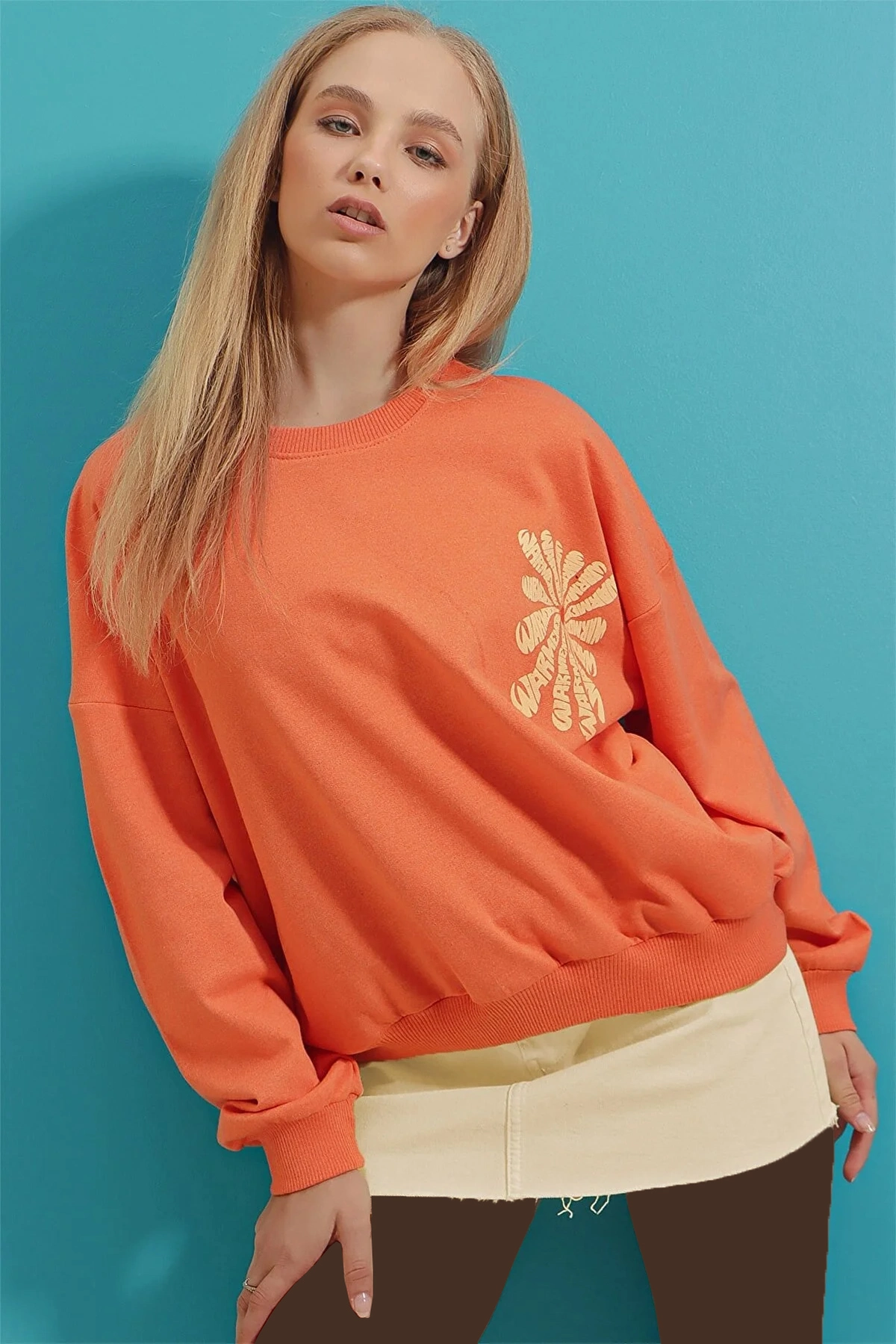 دورس اور سایز چاپ دار زنانه نارنجی برند Trend Alaçatı Stili