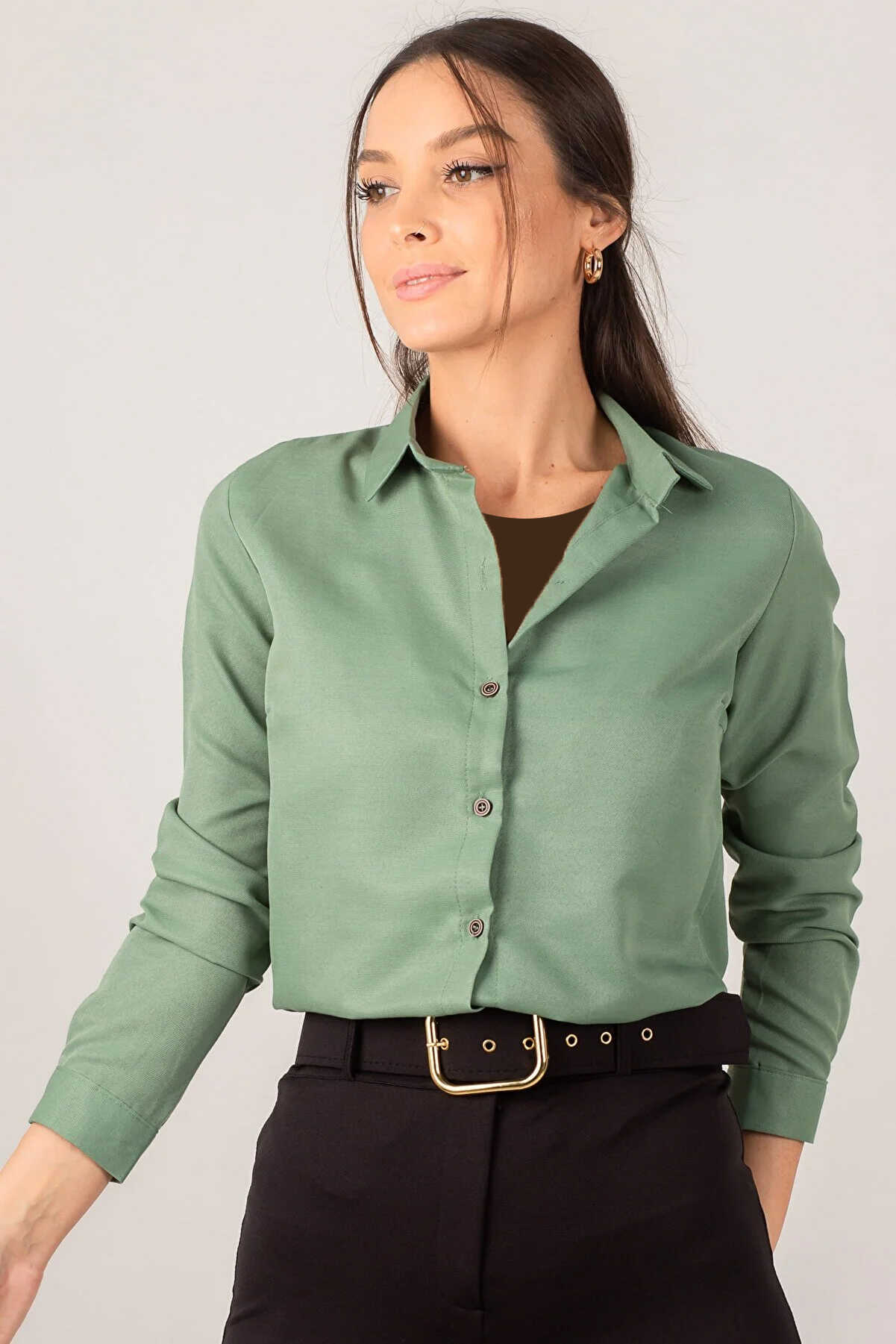 پیراهن زنانه ساده آستین بلند سبز برند armonika