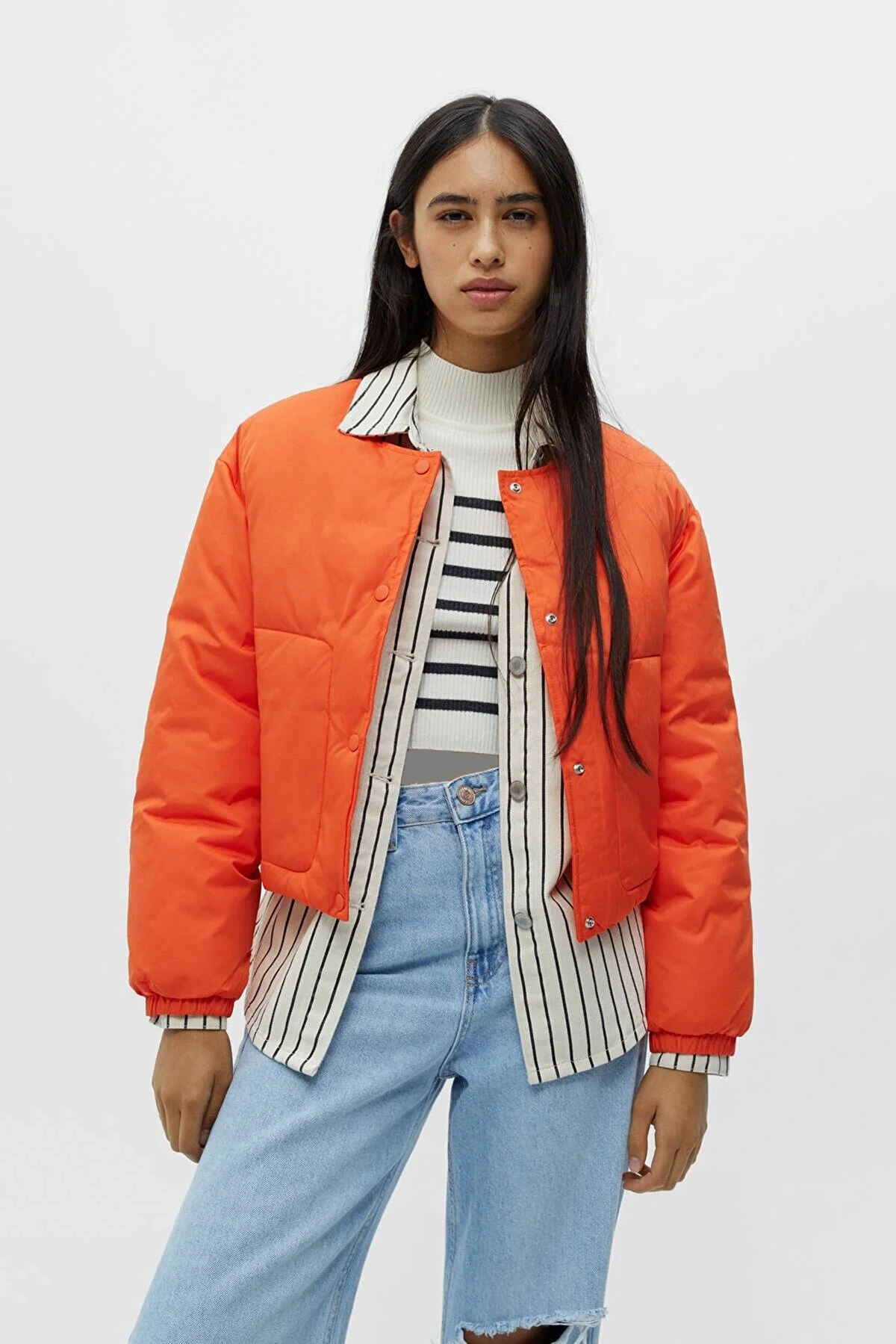 کاپشن کراپ دکمه ای جیب دار زنانه نارنجی برند Pull Bear