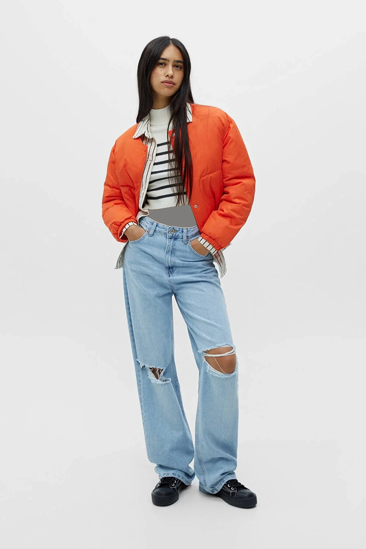 کاپشن کراپ دکمه ای جیب دار زنانه نارنجی برند Pull Bear