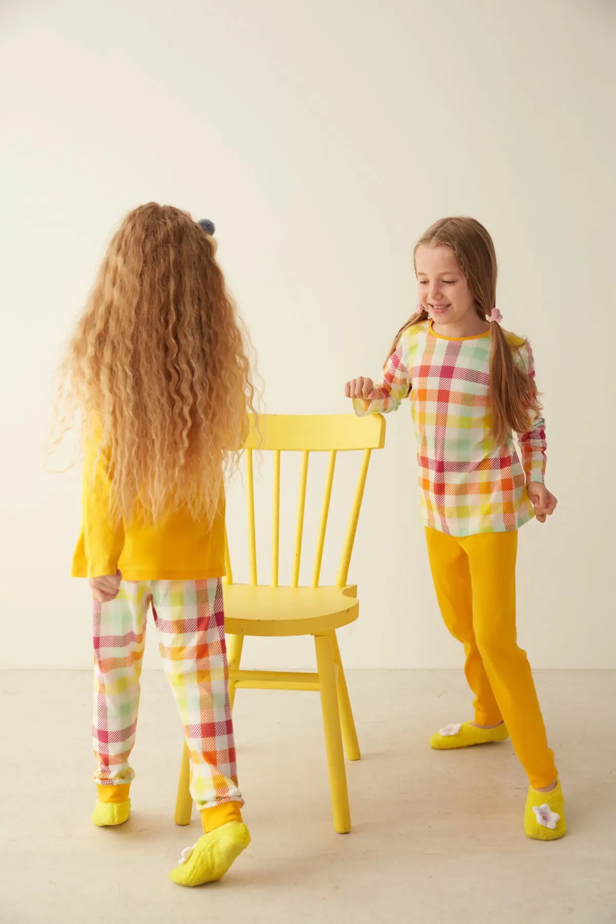 ست 4 تکه لباس خواب ساده - چهارخانه دخترانه زرد برند Penti