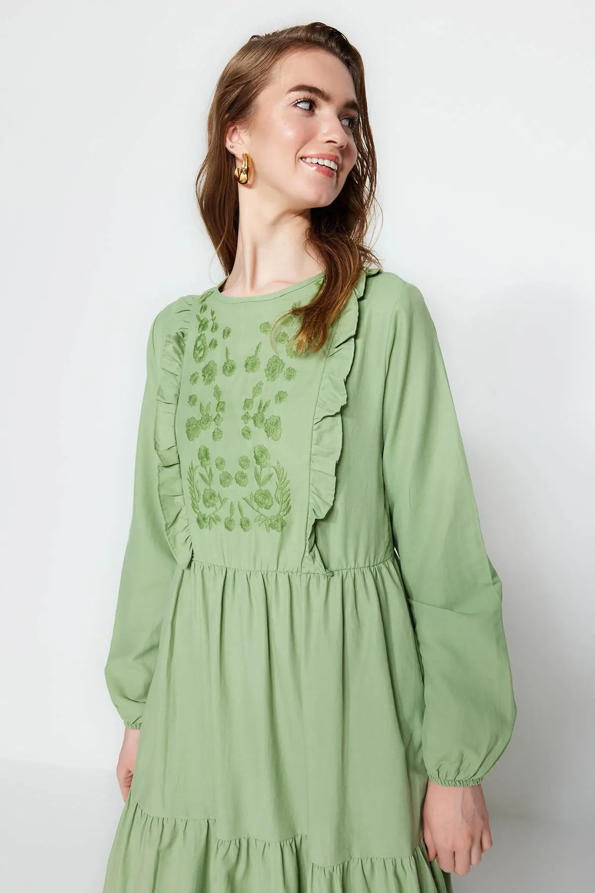 پیراهن ماکسی گلدوزی زنانه سبز برند Trendyol Modest