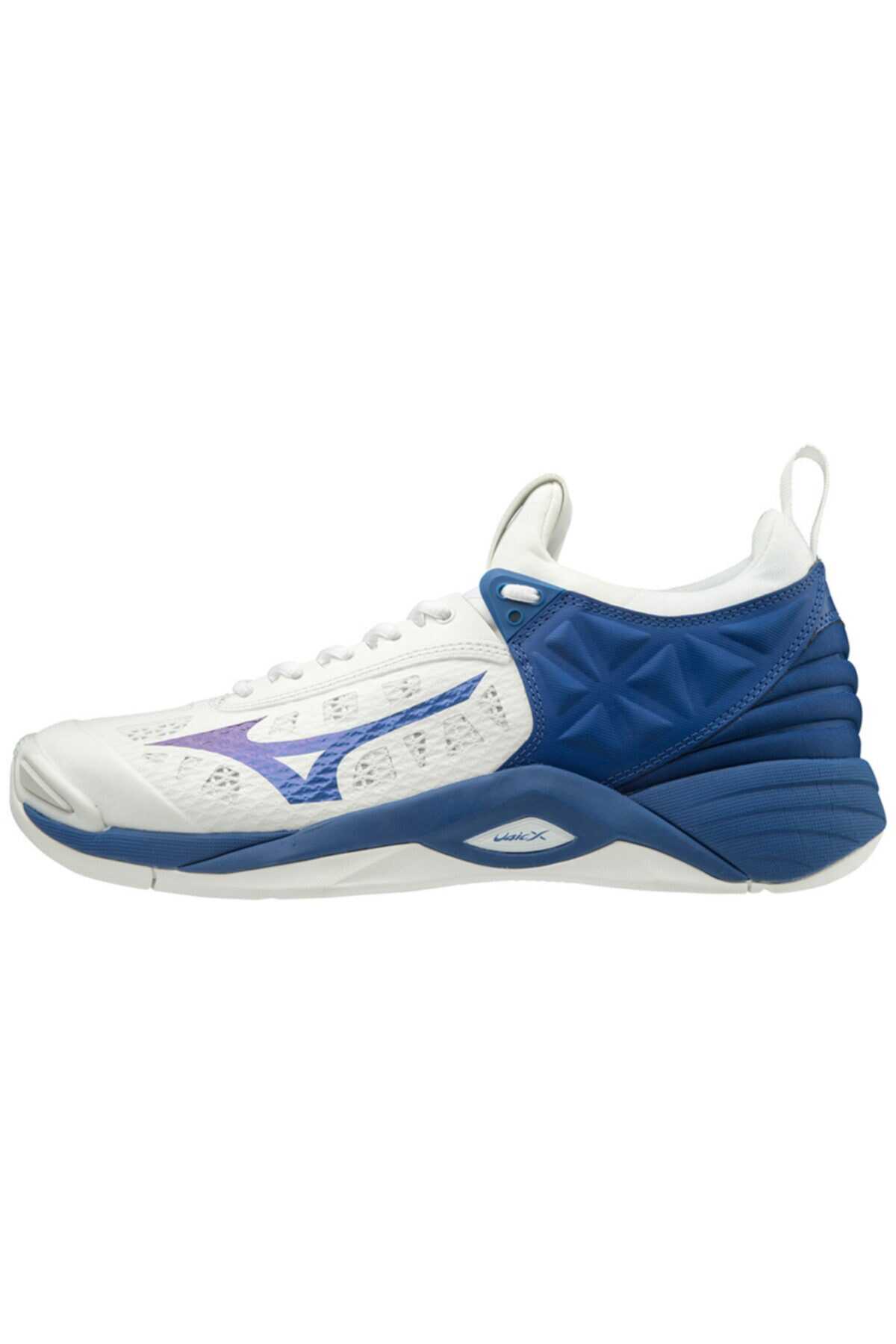 کفش والیبال مردانه دو رنگ سفید آبی مدل Wave Momentum برند MIZUNO 