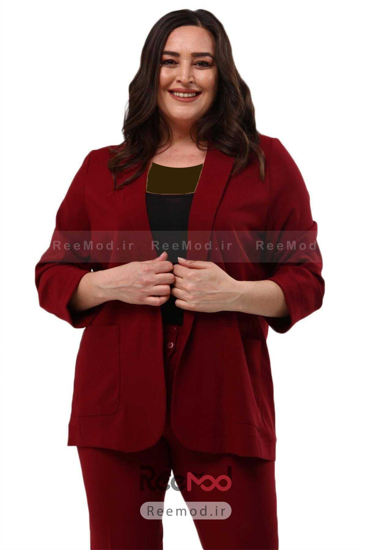 کت شلوار کوتاه جیب پاکتی سایز بزرگ زنانه قرمز برند Hanezza