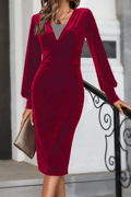 لباس مجلسی مخمل یقه V زنانه قرمز