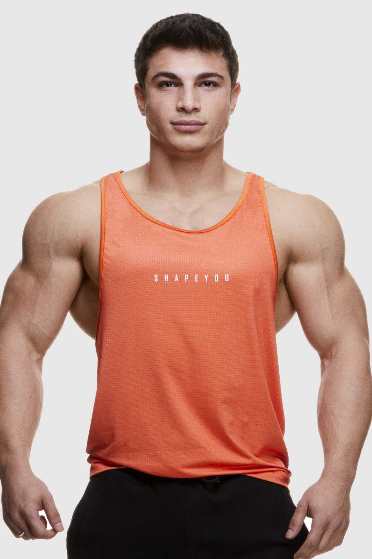 رکابی ورزشی چاپ دار مردانه نارنجی برند ShapeYou 
