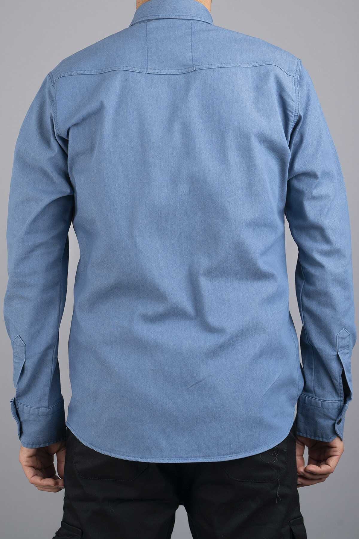 پیراهن جین اندامی آستین بلند یقه کلاسیک مردانه آبی روشن برند bombe 