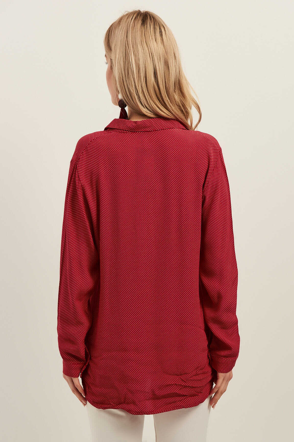 پیراهن یقه کلاسیک زنانه طرح خال خالی قرمز برند Olalook