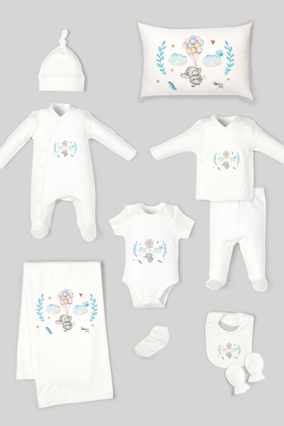 ست 11 عددی لباس طرح دار خروجی بیمارستان نوزاد سفید برند Tuğba Kuğu