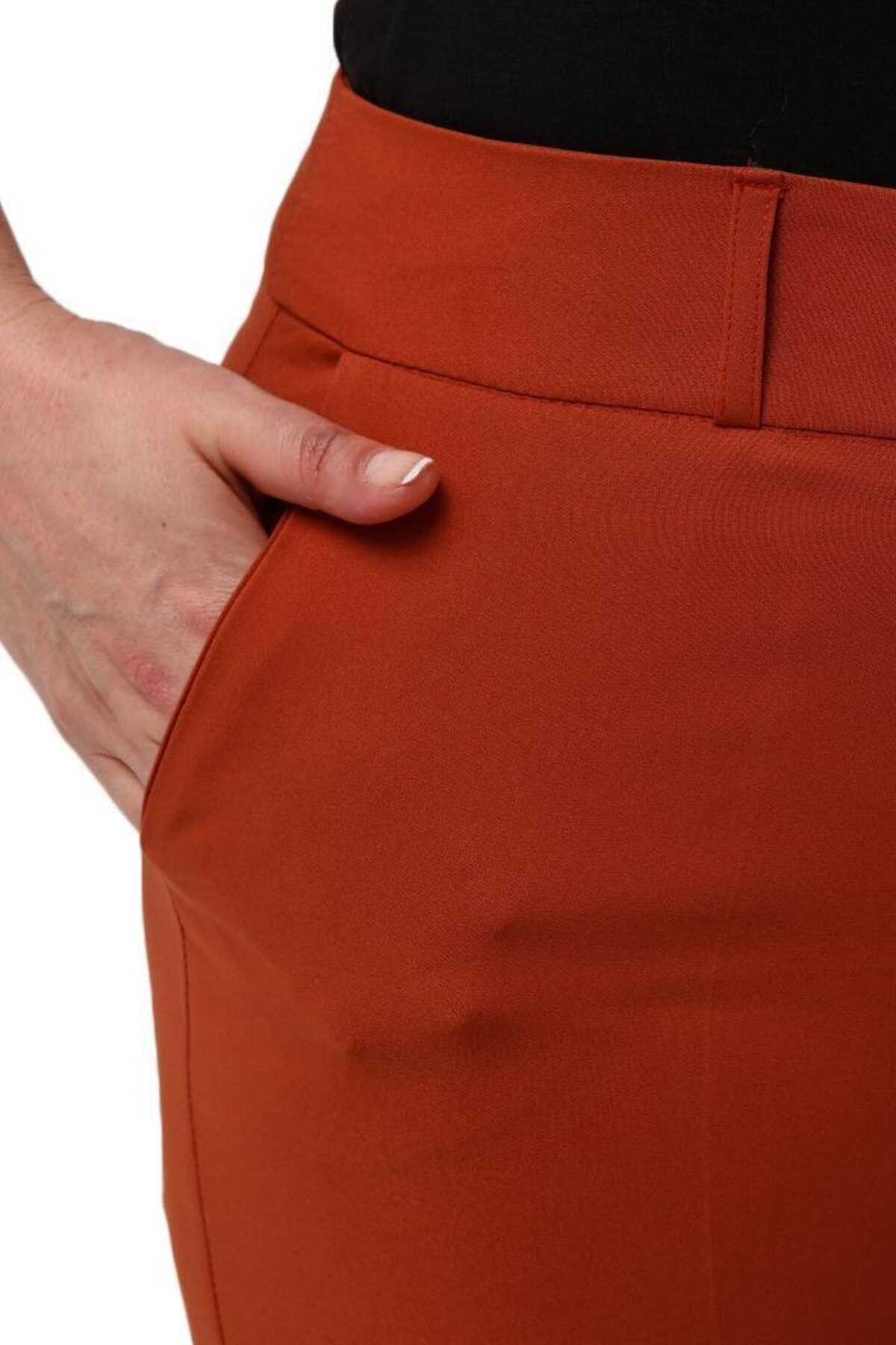 شلوار پارچه ای راسته جیب دار سایز بزرگ زنانه آجری برند Hanezza 