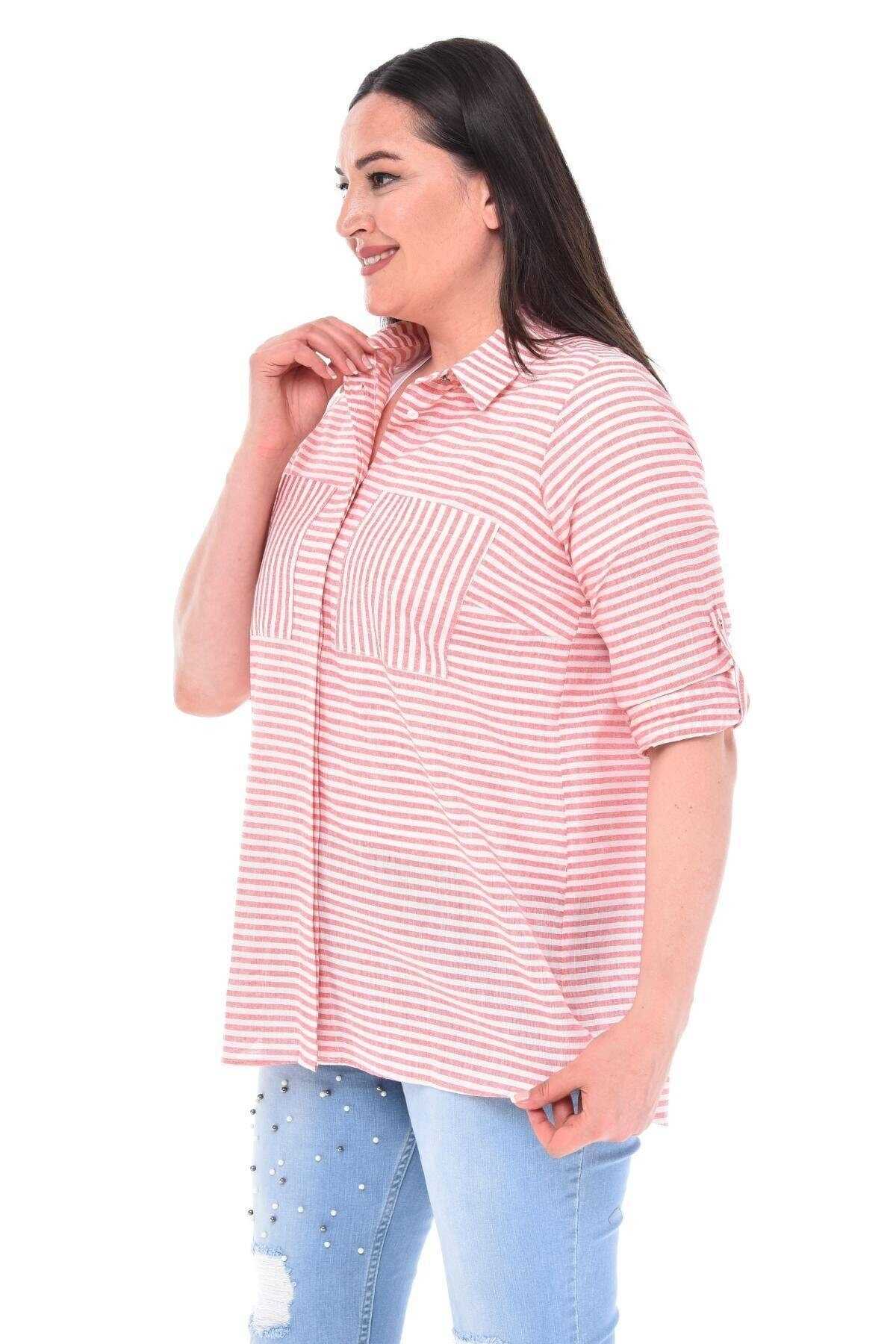 پیراهن زنانه سایز بزرگ یقه مردانه راه راه صورتی برند Trendyol