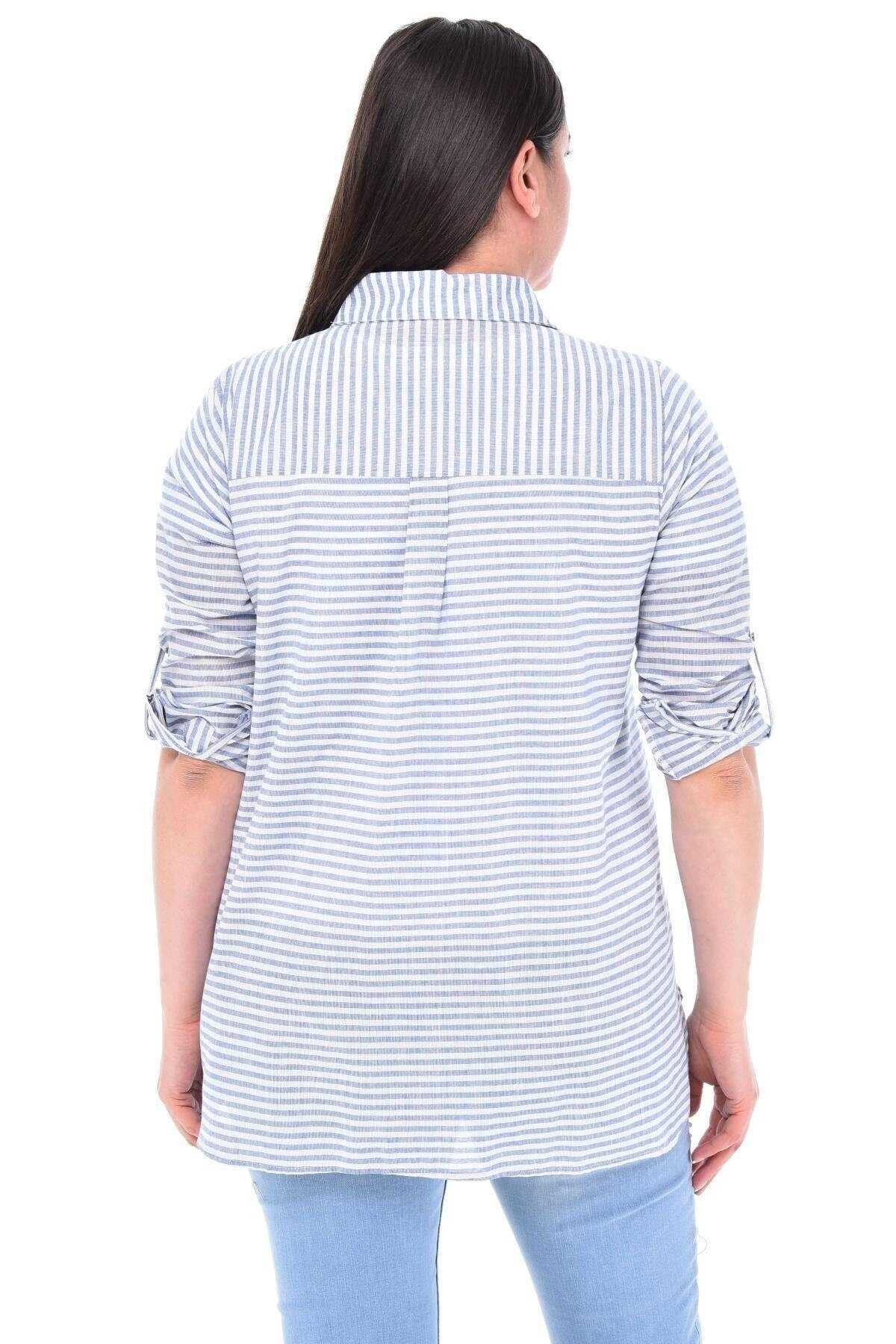 پیراهن زنانه سایز بزرگ یقه مردانه راه راه آبی برند Trendyol