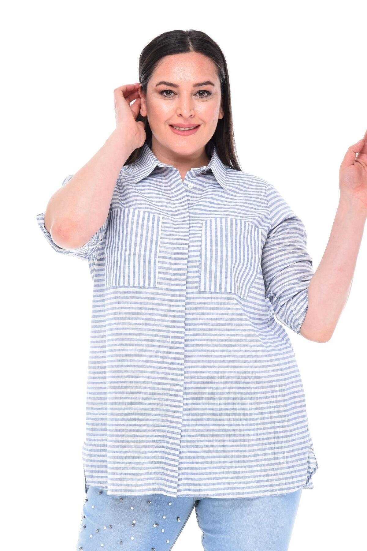پیراهن زنانه سایز بزرگ یقه مردانه راه راه آبی برند Trendyol