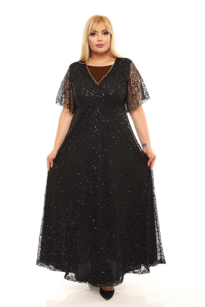 لباس شب یقه سایز بزرگ هفت باز گیپور پولک دار زنانه مشکی برند VOLİNAY