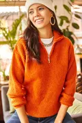 پلیور بافتنی یقه زیپ دار اور سایز زنانه نارنجی برند Olalook 