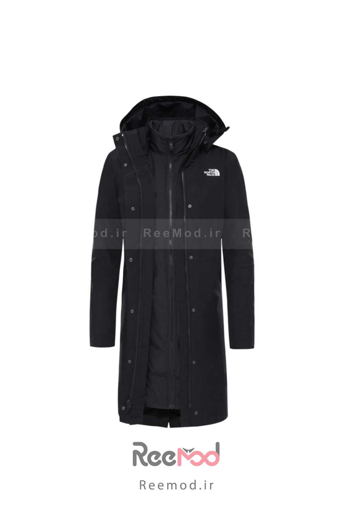 کاپشن پارکا زنانه دو رو بلند یقه ایستاده کلاه دار مشکی برند THE NORTH FACE