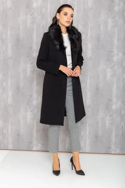 کت بلند زنانه یقه خز مشکی برند Concept