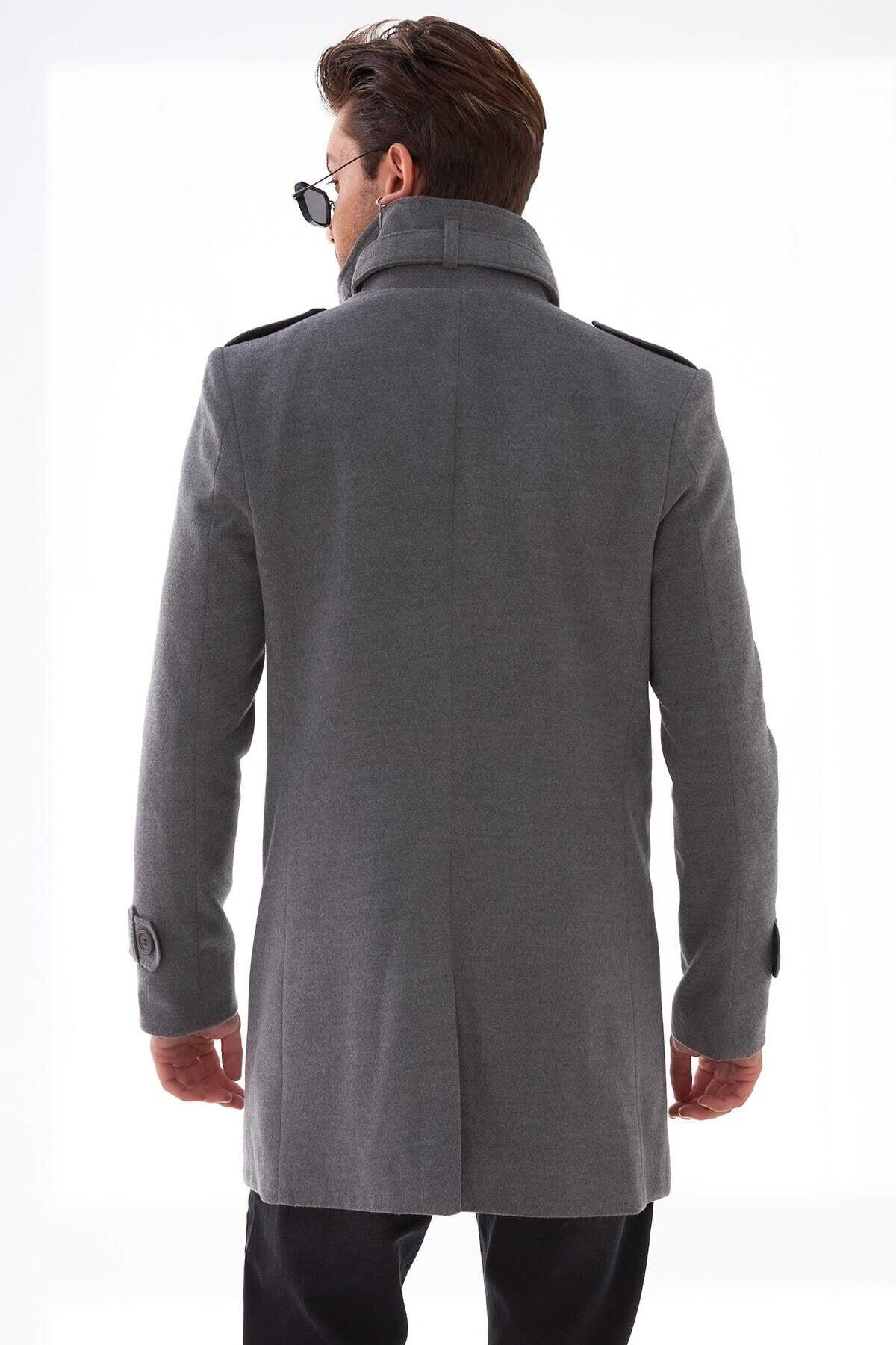 کت بلند یقه کمر بند دار جیب دار مردانه خاکستری برند Delpino