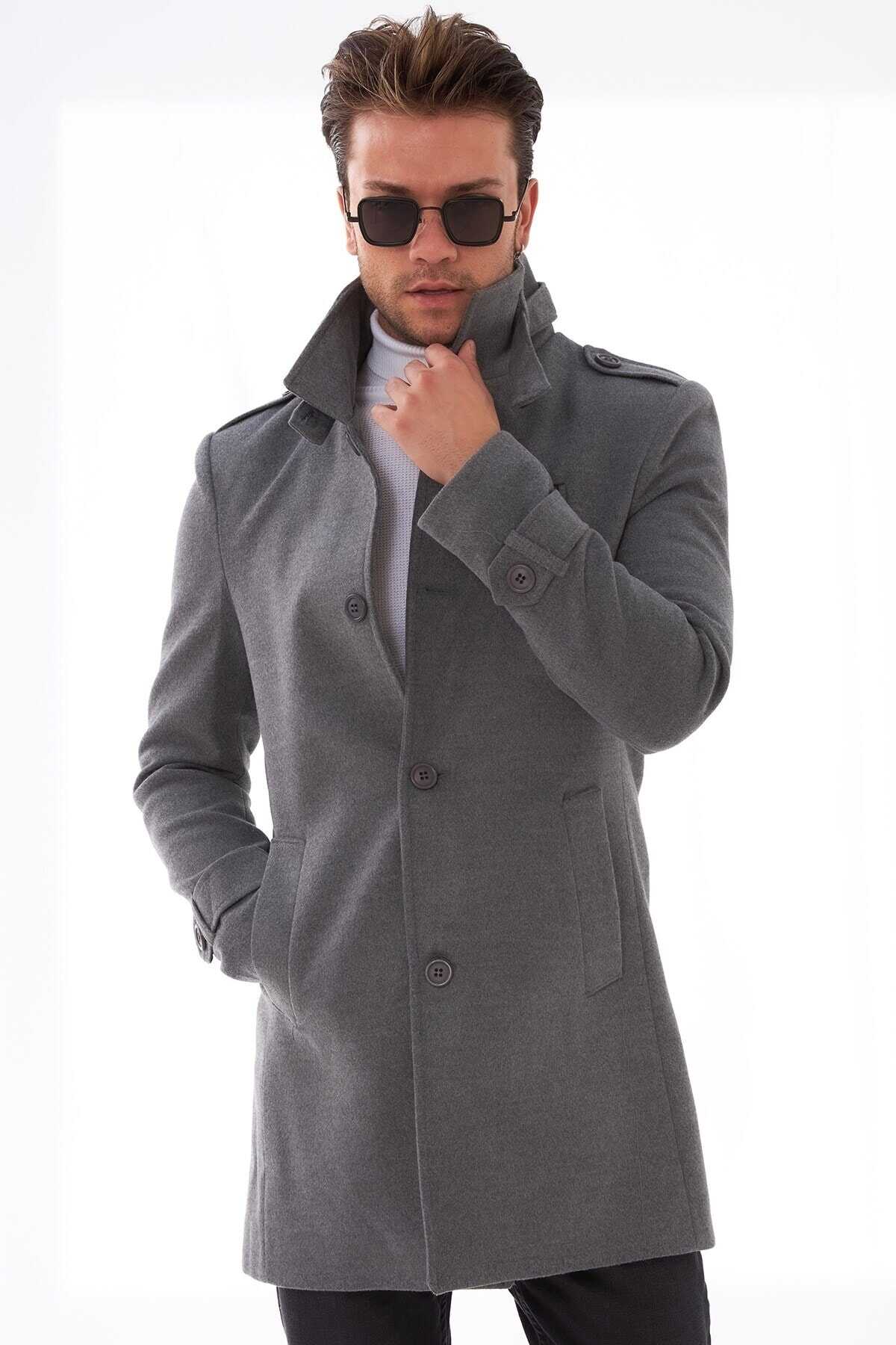 کت بلند یقه کمر بند دار جیب دار مردانه خاکستری برند Delpino
