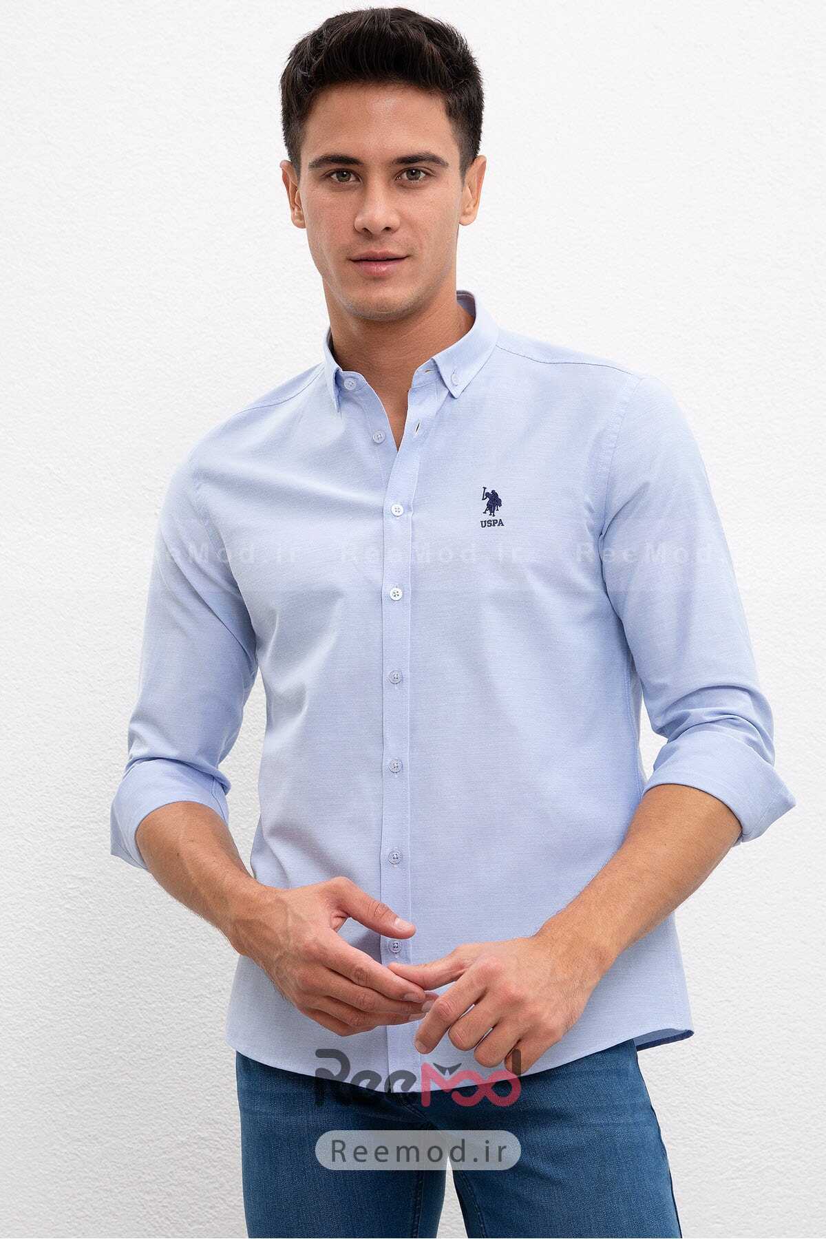 پیراهن مردانه یقه باریک آبی روشن برند U.S. Polo