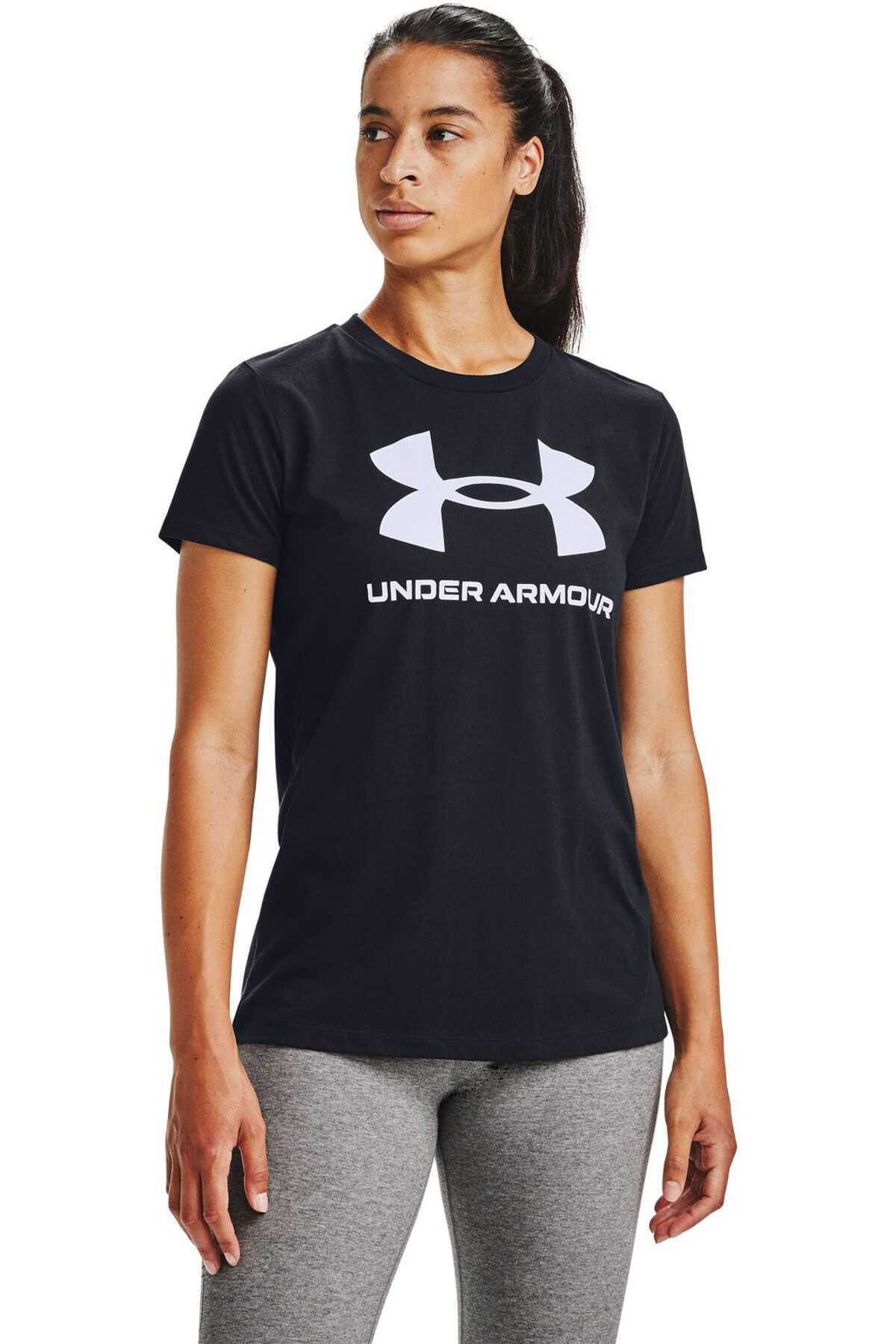 تیشرت اسپرت یقه گرد چاپ دار زنانه مشکی سفید برند Under Armour