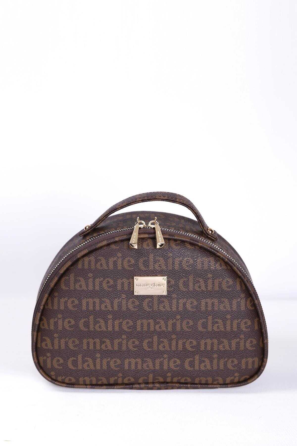  کیف لوازم آرایشی زنانه طرح دار چرم قهوه ای برند Marie Claire