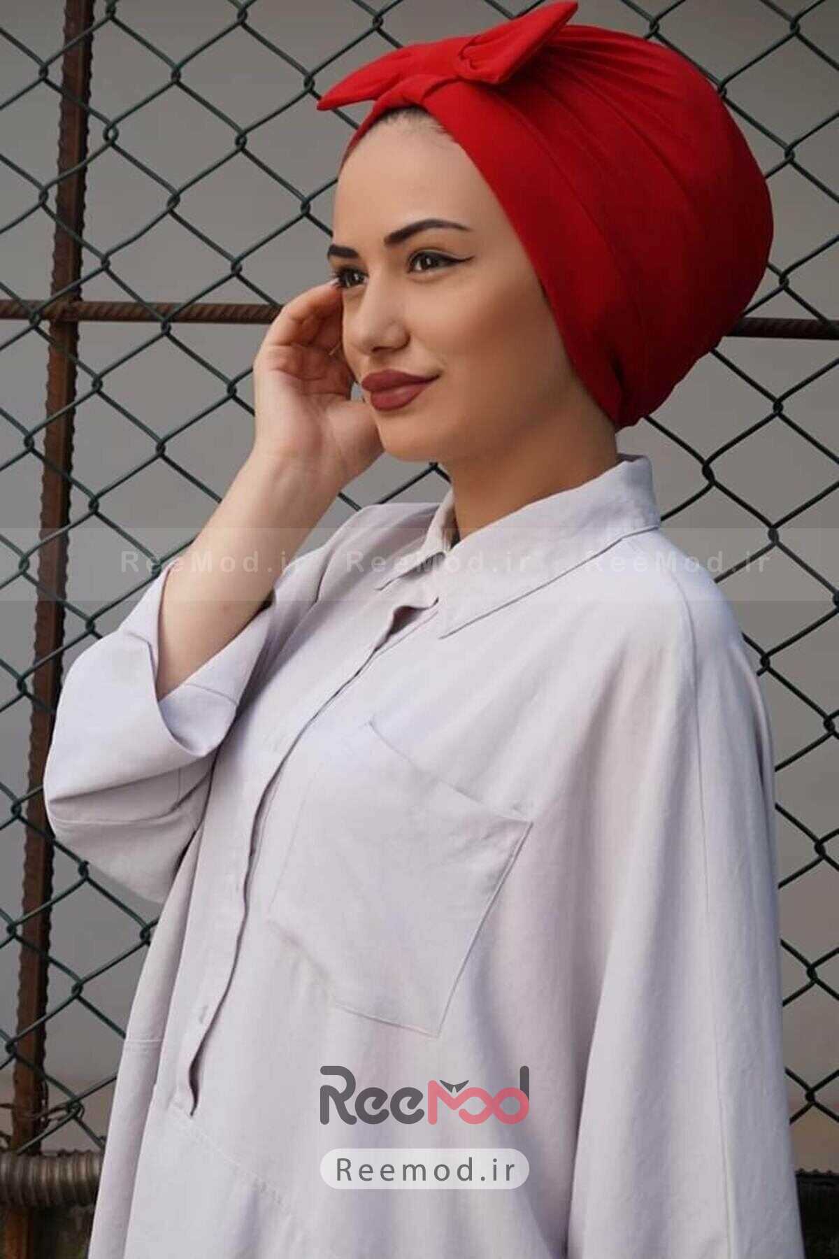 سرپوش زنانه آماده مدل پاپیون قرمز برند Gültopu Eşarp & Şal