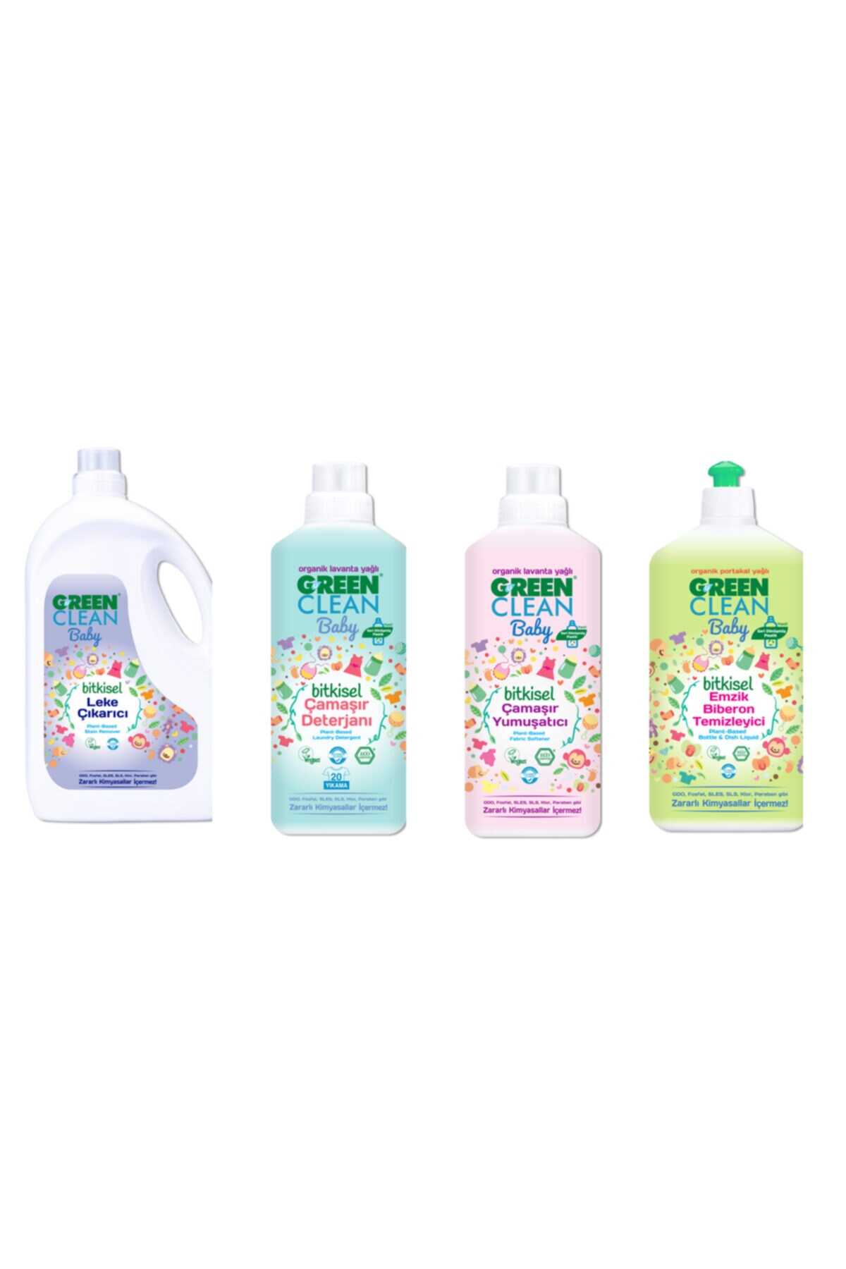 ست 4 عددی مایع لباسشویی - لکه بر لباس - نرم کننده لباس - پاک کننده شیشه شیر کودک برند Green Clean 