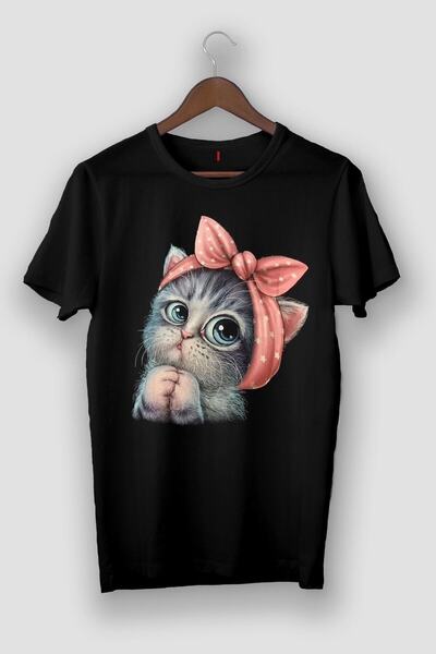 تیشرت یقه گرد چاپ گربه یونیسکس مشکی برند viptasarimtshirt