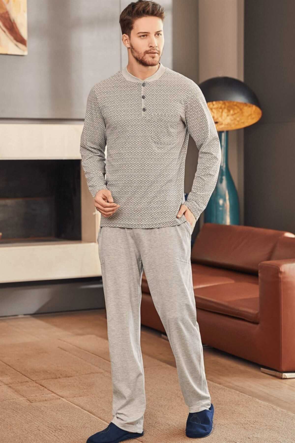 ست پیژامه سایز بزرگ یقه دکمه دار طرح دار جیب دار  مردانه طوسی برند Mecit Pijama