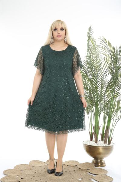 لباس شب سایز بزرگ گیپور پولک دار سبز زنانه برند FIDAN TEKSTIL