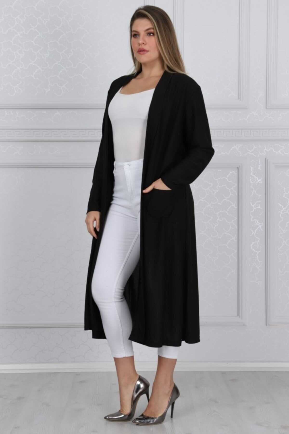 ژاکت کشباف سایز بزرگ بلندد جیب دار زنانه مشکی برند LİKRA 