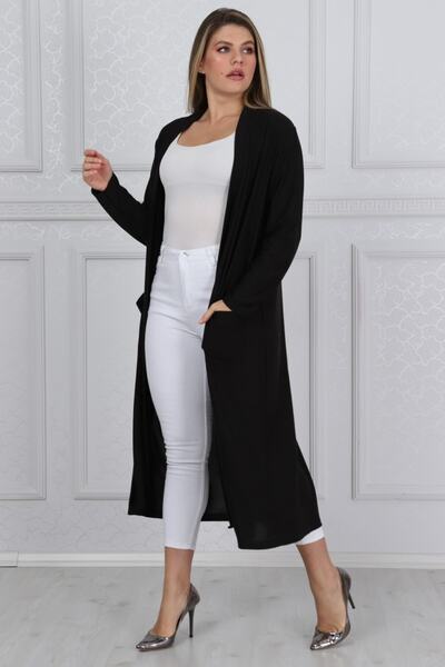 ژاکت کشباف سایز بزرگ بلندد جیب دار زنانه مشکی برند LİKRA 