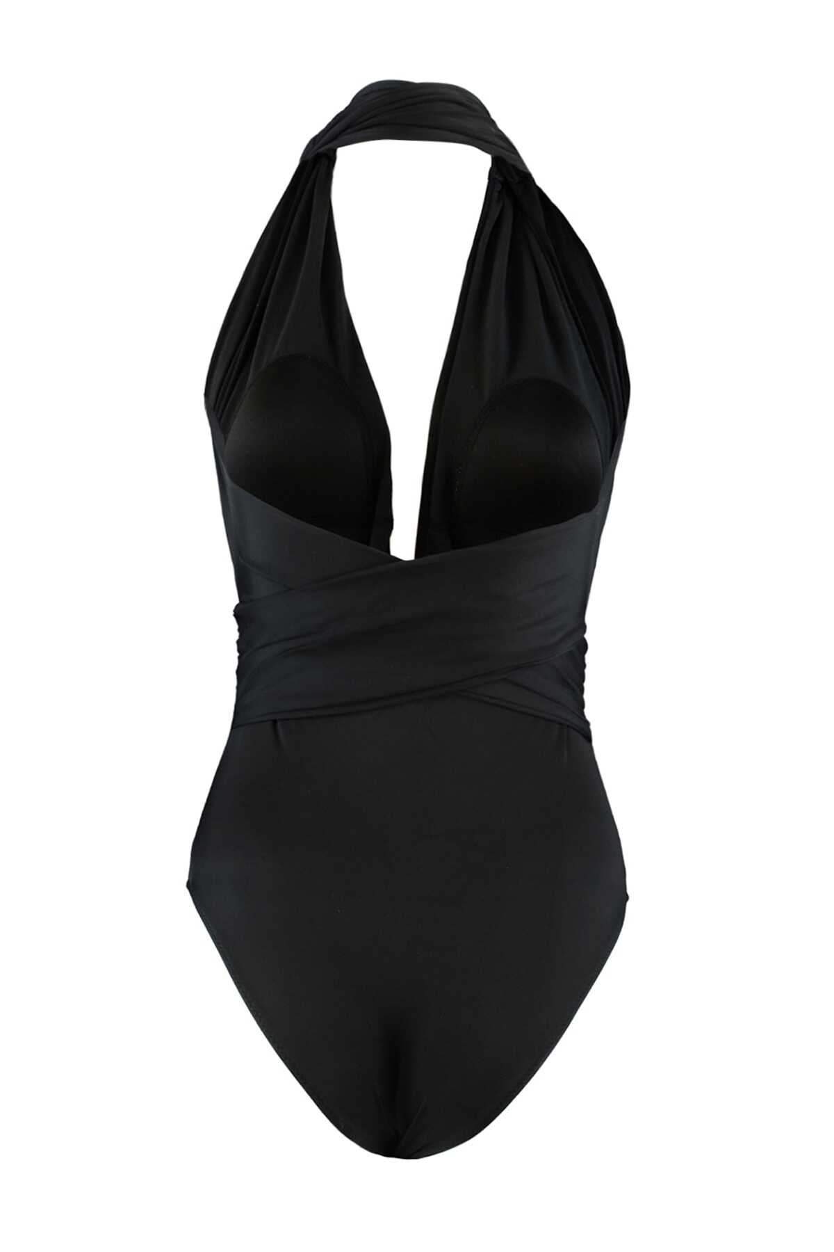 لباس ساحلی بادی یقه هفت باز پشت ضربدری زنانه مشکی برند TRENDYOLMİLLA 